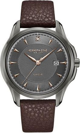 Kenneth Cole Diamond Dial Three Hand Quartz Leather Strap Watch, 42mm in Brown at Nordstrom Rack