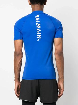 Balmain Logo-Print High-Neck T-Shirt - Blue