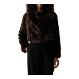Twinset Jassen, Dames, Bruin, XS, Polyester, Cropped Imitatiebont Jas met Sjaalkraag