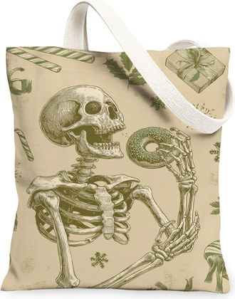 Generic Skeleton Canvas Tote Bags, Vintage Halloween Skeleton Pattern Reusable Grocery Bags, Autumn Retro Lightweight Washable Canv, Beige, 13x15 Inch