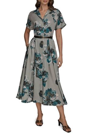 DKNY Belted Floral Print Shirtdress in Weatherd Sage at Nordstrom, Size 12