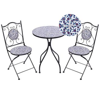 Beliani Conjunto De Balc&oacute;n Jard&iacute;n Exterior Metal Estilo Vintage Patr&oacute;n Mosaico Estructura De Hierro Negro Azul Camprena
