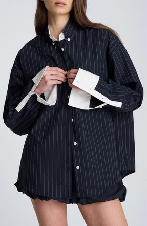 Kenneth Cole Pinstriped Cotton Button-Up Shirt in Dk Navy/pure White at Nordstrom, Size Large