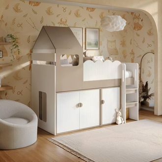 Flair Calista Ribbed House Mid Sleeper Bed with Storage White & Taupe | Size: Single