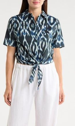 T Tahari Short Sleeve Tie Front Cotton & Linen Crop Shirt in Ivory/Navy Ikat Print at Nordstrom Rack, Size X-Small