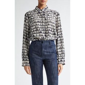 Akris People Print Silk Cr&ecirc;pe de Chine Button-Up Shirt in Cream-Black at Nordstrom, Size 2