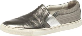 Lanvin Metallic Grey Leather Slip On Sneakers