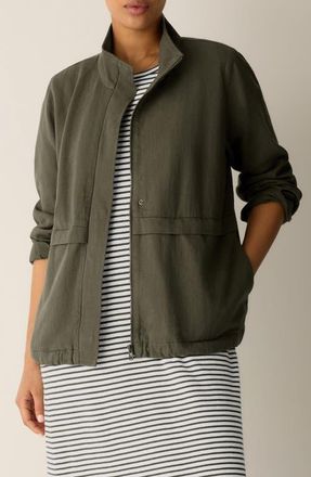Eileen Fisher Stand Collar Organic Cotton & Organic Linen Zip Jacket in Olive at Nordstrom, Size X-Small
