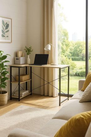 Regalos Miguel Escritorio de esquina marr&oacute;n estilo n&oacute;rdico en madera con 2 estantes