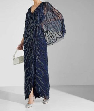 Aidan Mattox V-Neck Beaded Evening Gown In Navy Blue