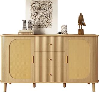 STILVORA Aparador Con 2 Puertas De Rat&aacute;n, 3 Cajones Y 2 Estantes, Patas De Metal Efecto Madera, En Mdf, 140&times;40&times;80 Cm, Natural