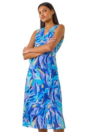 Roman Womens Floral Print Wrap Chiffon Midi Dress - Blue - Size 10 UK