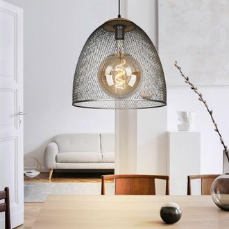 ETC Shop Lampada a sospensione Lampada a sospensione Lampada da soggiorno argento 1 fiamma Paralume a traliccio regolabile in altezza, legno metallo, 1x