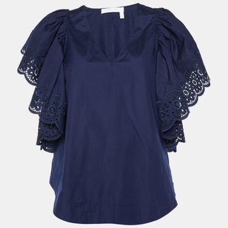 See By Chlo&eacute; See by Chloe Blue Cotton Lace Trim Flared Sleeves Top S