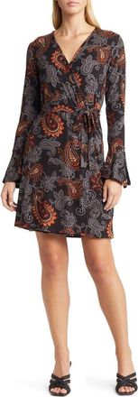 Loveappella Paisley Long Sleeve Faux Wrap Dress in Black at Nordstrom Rack, Size X-Small