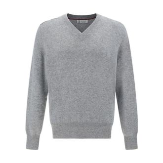 Brunello Cucinelli Light Grey Cashmere V-Neck Sweater, Brand Size 54 (US Size 44)