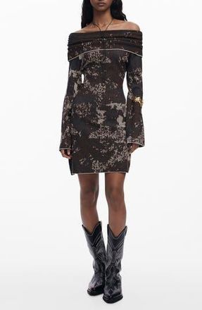 Desigual Off the Shoulder Long Sleeve Rib Dress in Brown at Nordstrom Rack, Size Medium