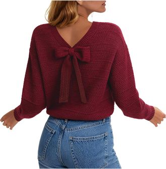 Generic Women Open Back Bow Tied Long Sleeve Pullover Casual Crew Neck Sweaters Fall Winter Trendy Clothes Solid Knitted Pullover Tops for Women UK Red