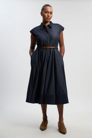 Karen Millen Womens Plus Size Denim Tailored Belted Collared Full Midi Dress - Indigo Blue - Size 18 UK