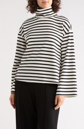 Nordstrom Rack Mock Neck Long Sleeve Scuba Knit Top in Ivory- Black Stripe at Nordstrom Rack, Size X-Small
