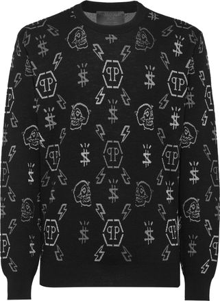 Philipp Plein Merino wool Pullover Round Neck LS Jacquard Monogram