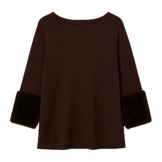 Generic Womens Luxury Winter Pullover Sweater with Faux Fur Cuffs, Elegant Knit Jumper, One Size, Solid Colours (Chocolate Brown)