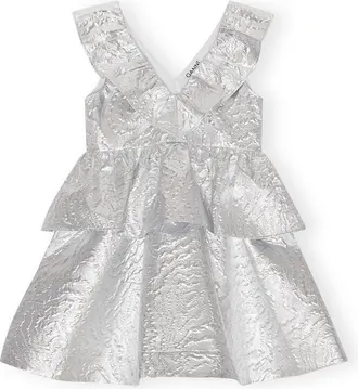 Ganni Silver Metallic Jacquard Layer Dress - Size 0 Organic Cotton