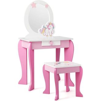 Costway Costway - Tocador Con Taburete Y Espejo Para Ni&ntilde;a Mesa De Maquillaje Con Caj&oacute;n Tocador Princesa De Madera Para Ni&ntilde;as De 3-7 A&ntilde;os
