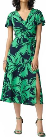 Joseph Ribkoff Floral Print Faux Wrap Flowy Midi Dress In Midnight Blue/green