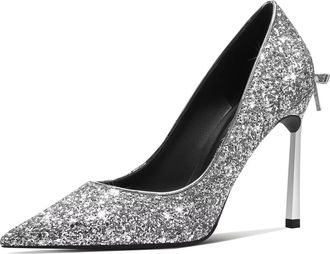 Castamere Women Stiletto High Heel Close Pointed Toe Slip-on Pumps Court Shoe Bow-Knot Wedding Party Sexy Dress Classic Shoes Silver 9.5 UK