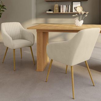 IDMarket Lote De 2 Sillas De Comedor Y Sillones De Mesa Line De Terciopelo Beige Con Patas Efecto Madera