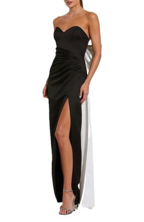 Mac Duggal Sweetheart Neckline Oversized Bow Satin Strapless Bustier Gown in Black Ivory at Nordstrom, Size 14