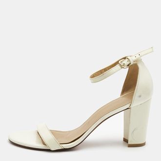 Stuart Weitzman Cream Patent Leather Block Heel Ankle Strap Sandals