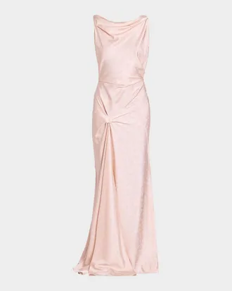 Victoria Beckham Posy Asymmetric Draped Floral Satin Jacquard Gown