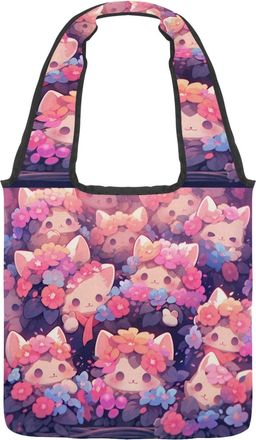 Generic Flowers and Kittens Reversible Canvas Shoulder Tote - Double-Sided Print, 12oz Cotton, 27cm Drop, Fold-Flat Bag for Travel, Shopping, Street Outings