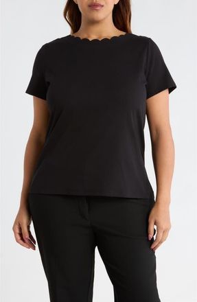 Anne Klein Scallop Jewel Neck Stretch Cotton T-Shirt in Anne Black at Nordstrom, Size 0 X