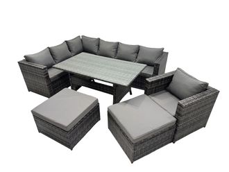 Fimous Outdoor PE Rattan Sofa Set with with Chair 2 Big Stools in Dark Grey