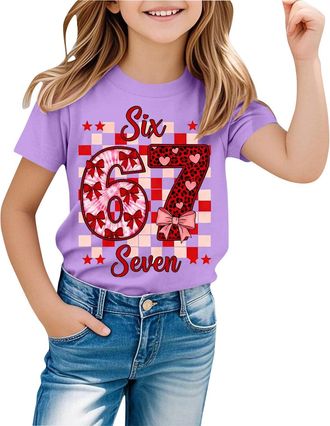 Generic Graphic T-Shirts for Girls UK 67 Six Seven Meme Cute Number Print Cotton Top Short Sleeve Crewneck Funny Tee for School Party Festive Stocking Filler 