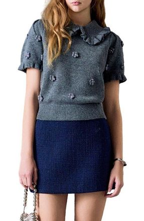 English Factory Pearl Bead Floral Short Sleeve Sweater in Heather Grey at Nordstrom, Size X-Small