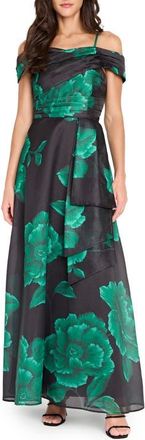 Tahari by ASL Pleated Print Off the Shoulder Gown in Black Green at Nordstrom, Size 12