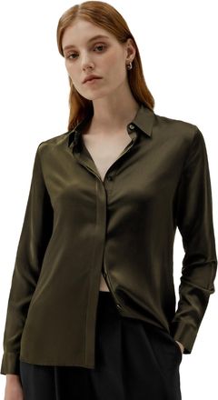 LilySilk Womens Pure Silk Shirt Ladies Button Down Classic Blouse Tops with Point Collar and Hidden Placket for Casual Business Multiple Occasions Dark Olive L