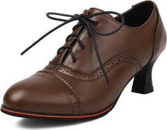 Generic Womens Vintage Oxford Mid Heel Round Toe Lace-Up Pumps with Brogue Perforated Design PU Leather Shoes for Office, Casual, Evening and Daily Wear,Brown