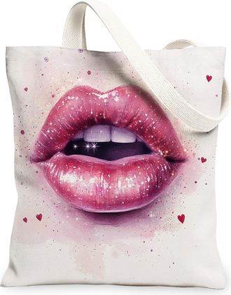 Generic Artistic Lips Canvas Tote Bag, Modern Heart Pattern Reusable Grocery Bags, Lightweight Washable Shoulder Strap Canvas Bags for Everyday Use 13x15 Inch