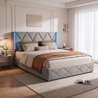 OEM Cama Lit 140x190 - Pocketpop - Terciopelo Gris - Cabecero Con Led - Estructura De Cama Con Somier De Lamas De Madera - 2 Plazas