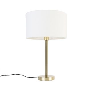 QAZQA Dise&ntilde;o L&aacute;mpara De Mesa Cl&aacute;sica De Lat&oacute;n Con Pantalla Blanca 35 Cm - Simplo Acero /textil Redonda Adecuado Para Led Max. 1 X 40 Watt - Qazqa