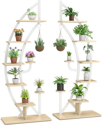 Costway 2 Estanter&iacute;as Met&aacute;lica Para Plantas De 7 Niveles, Soporte Curvado En Forma De Media Luna Con Gancho Superior, Dispositivo Antivuelco, Para Balc&oacute;n - Co