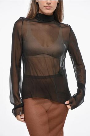 Saint Laurent Blusa a Collo Alto in Seta Trasparente taglia 42