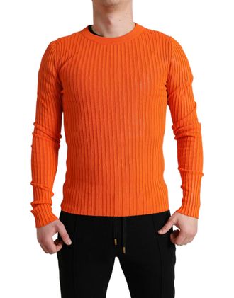 Dolce & Gabbana Mens Ribbed Knit Sweater Long Sleeve Crew Neck - Orange Wool - Size EU 48 (Mens)