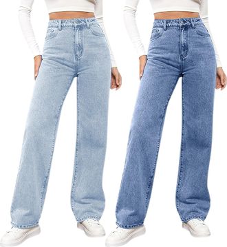 Generic 2PCS Elasticated Jeans for Women UK High Waisted Y2K Stretch Straight Baggy Comfy Denim Trousers Loose Casual Comfy Palazzo Boyfriend Denim Pants with