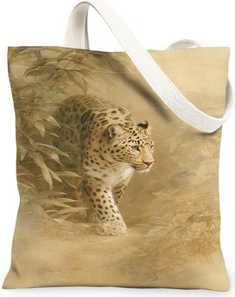 Generic Leopard Canvas Tote Bags, Animal Print Vintage Style Reusable Grocery Bags, Nature Inspired Lightweight Washable Shoulder S, Beige, 13x15 Inch
